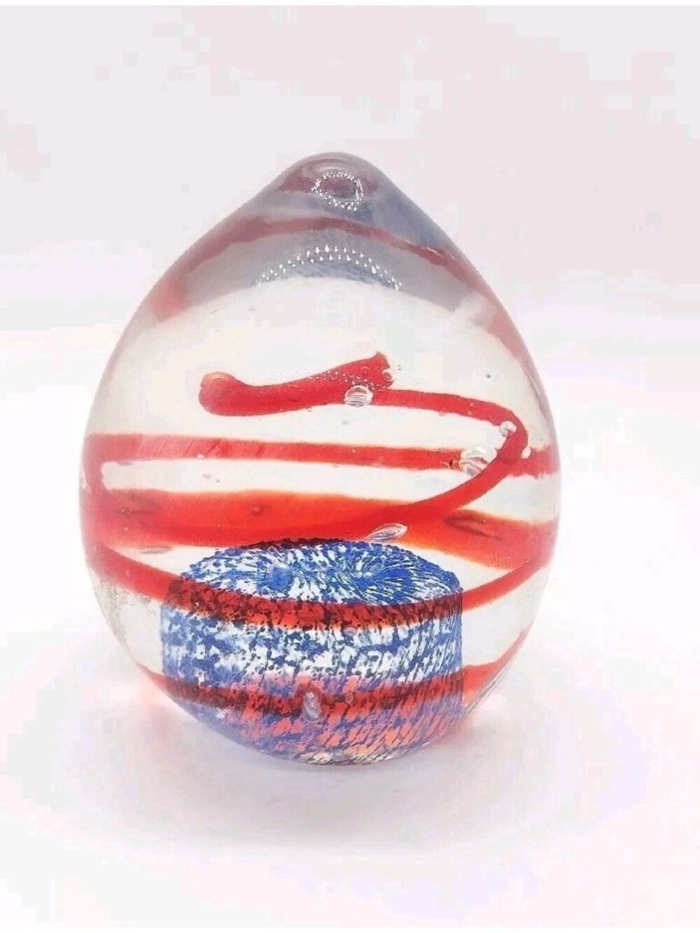 Vintage Art Glass Swirl Egg Paperweight 3" Patriotic Handblown